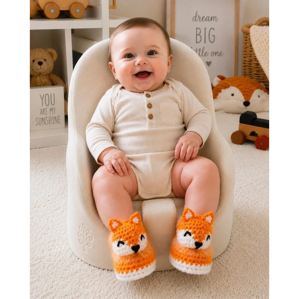 Crochet Fox Baby Booties, Woodland Felt Lined Slippers (0-3 Months)